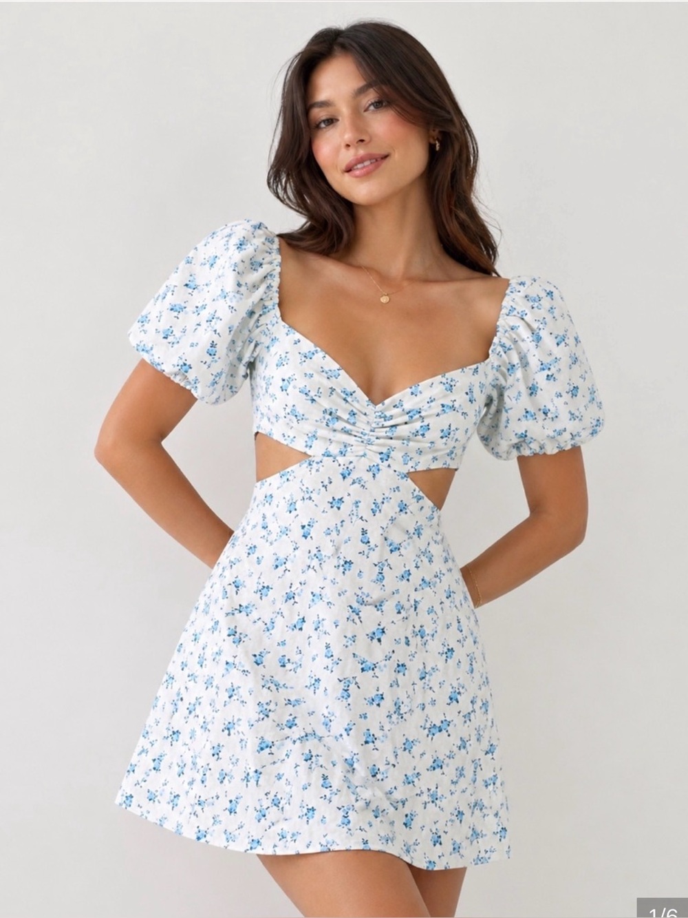 Zara White Mini Dress with Blue Floral Print and Puff Sleeves